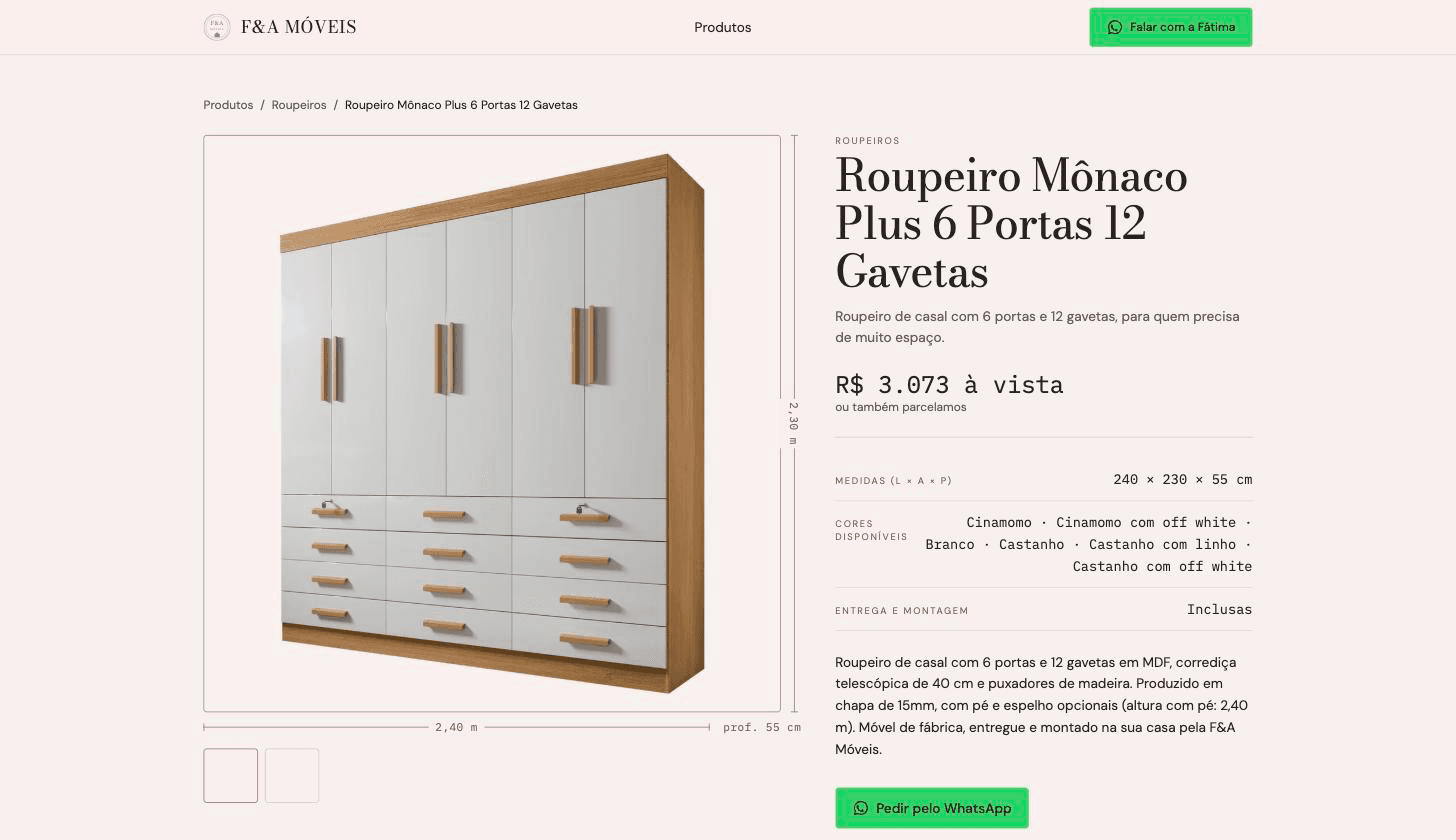F&A Móveis product page showing L × A × P measurements and the WhatsApp CTA