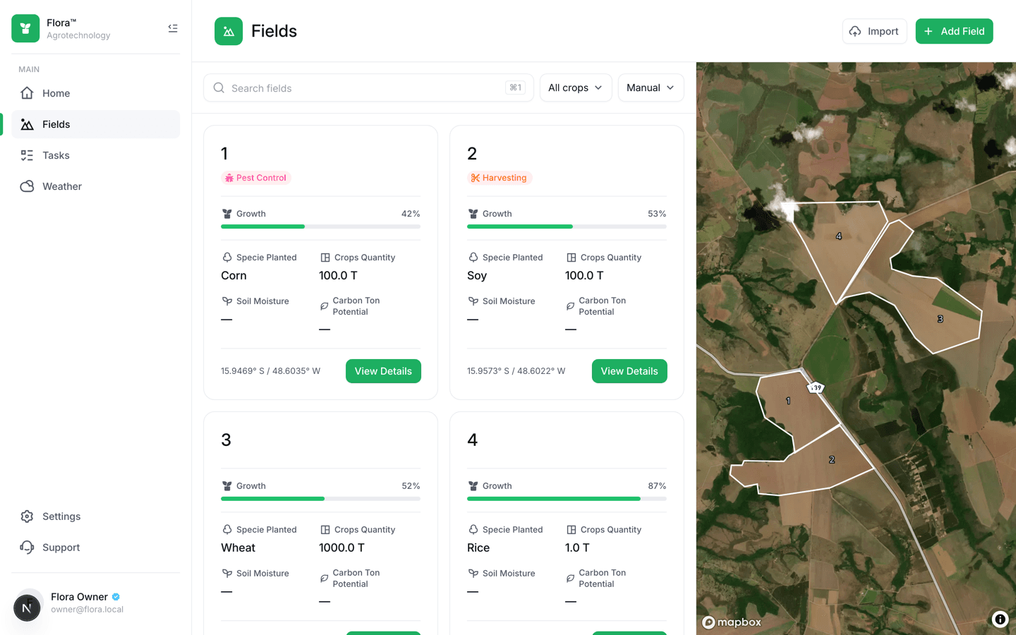 Flora Fields screen with field cards and a Mapbox satellite basemap