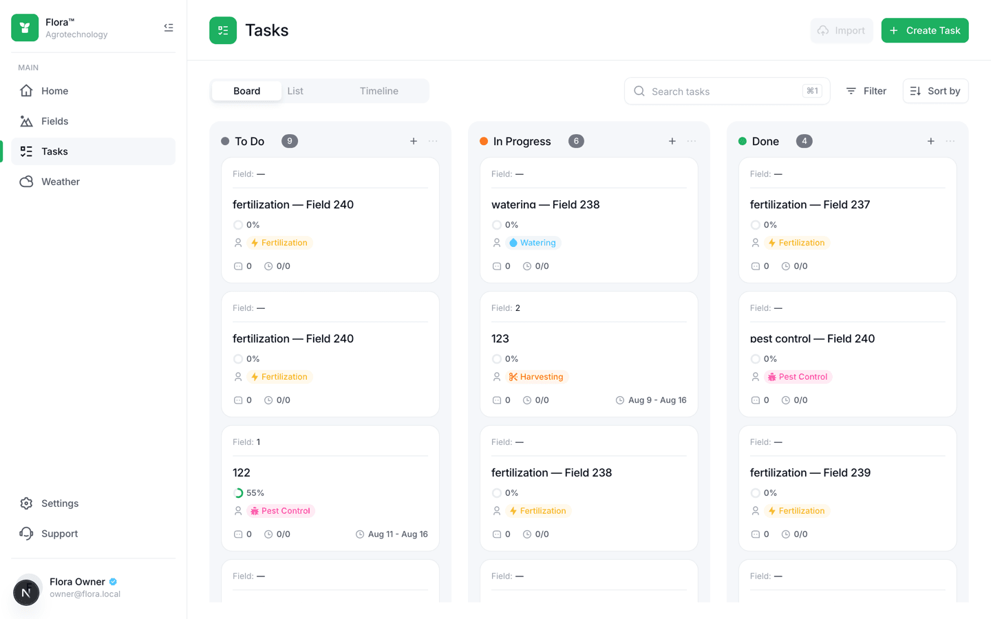 Flora Tasks board with a real drag-and-drop Kanban