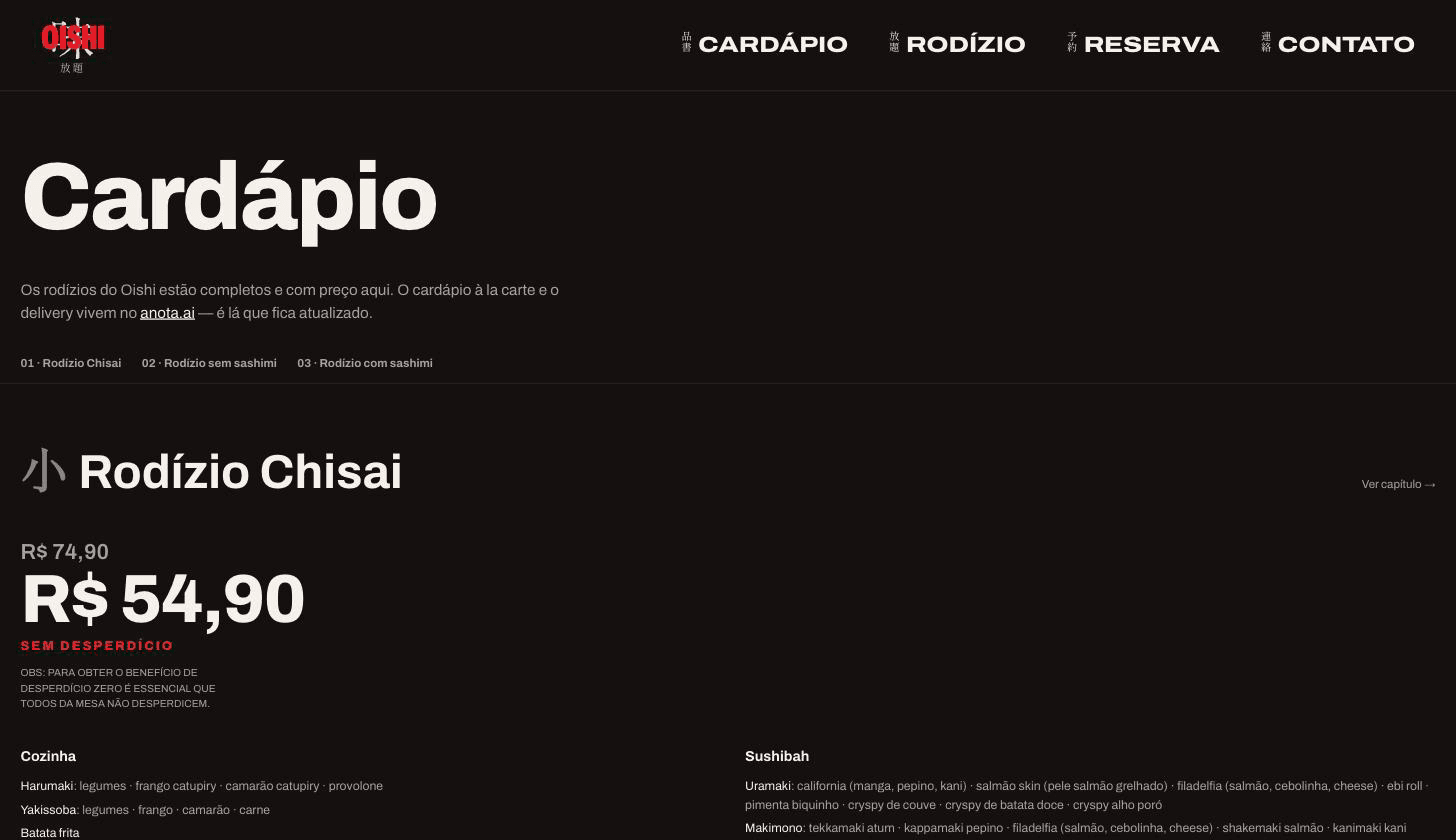 Rodízio Chisai showing both prices, R$ 74,90 and R$ 54,90, with the sem-desperdício condition