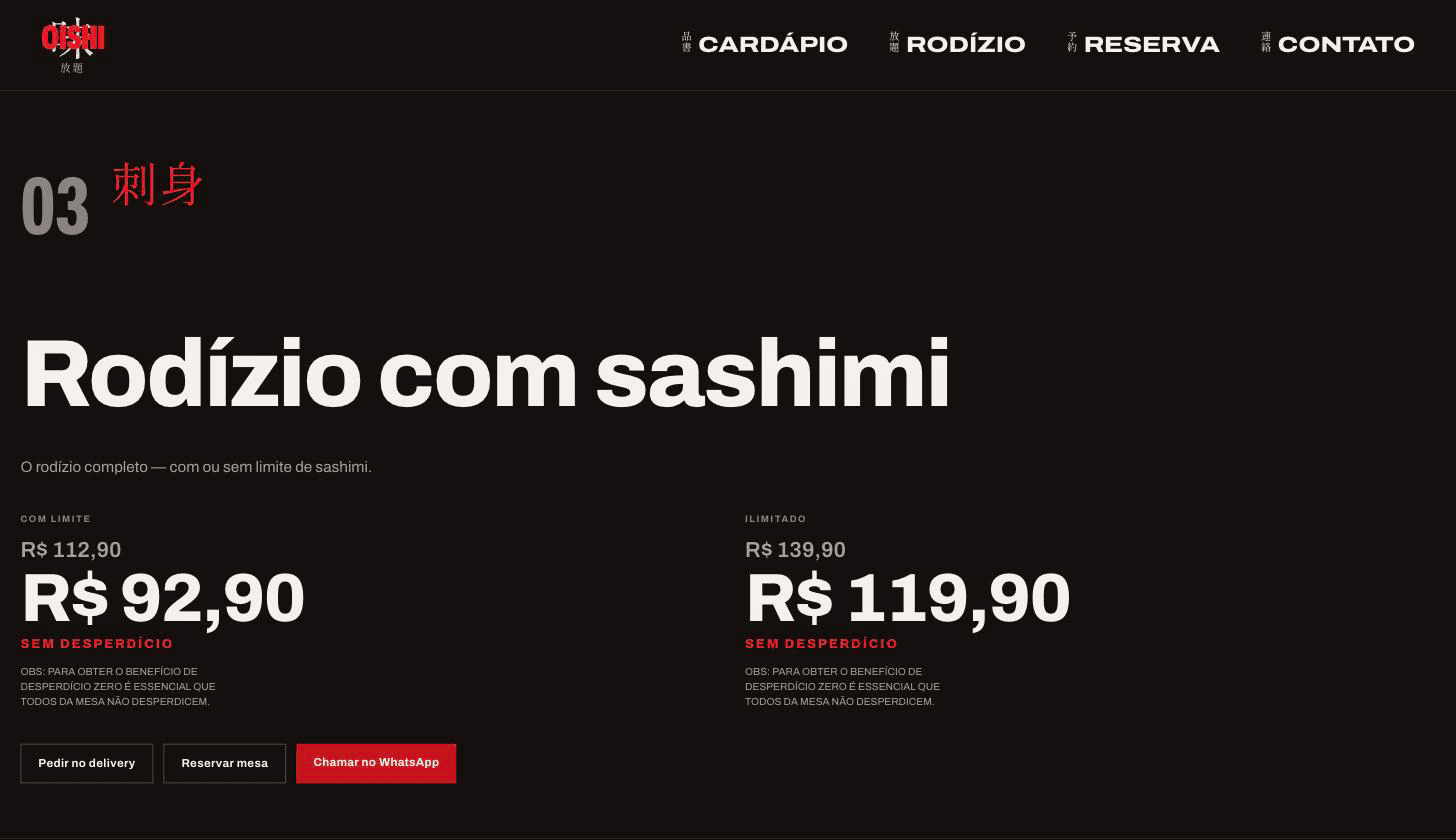 Rodízio com sashimi's two tiers, each with both prices and all three conversion exits