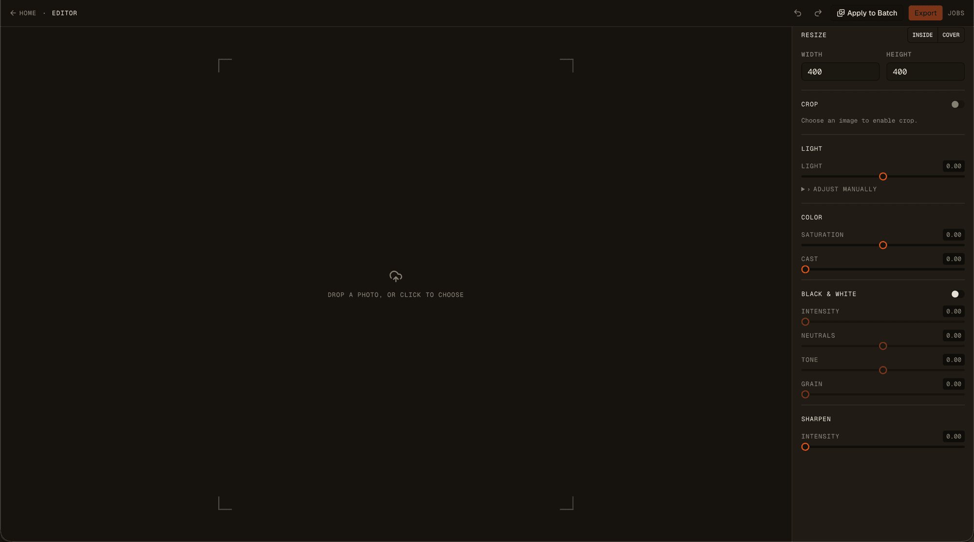 Plexus non-destructive photo editor before an image is loaded