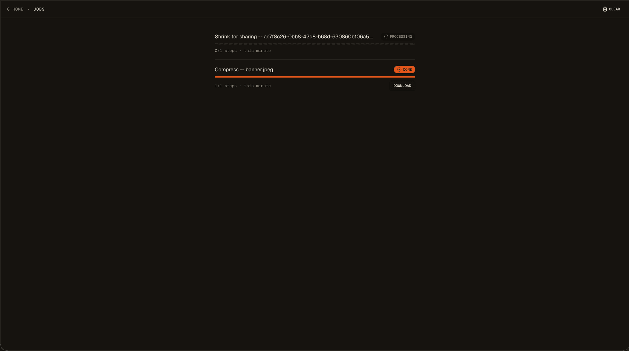 Plexus jobs page showing processing and completed batch jobs