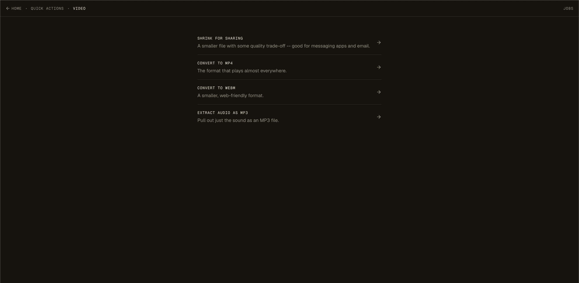 Plexus quick actions for video: shrink, convert, extract audio