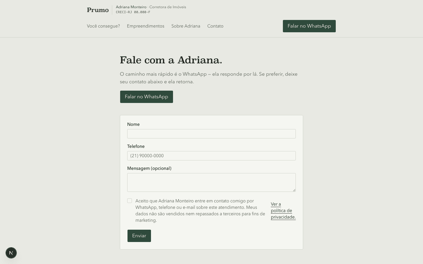 Prumo contact page with LGPD consent