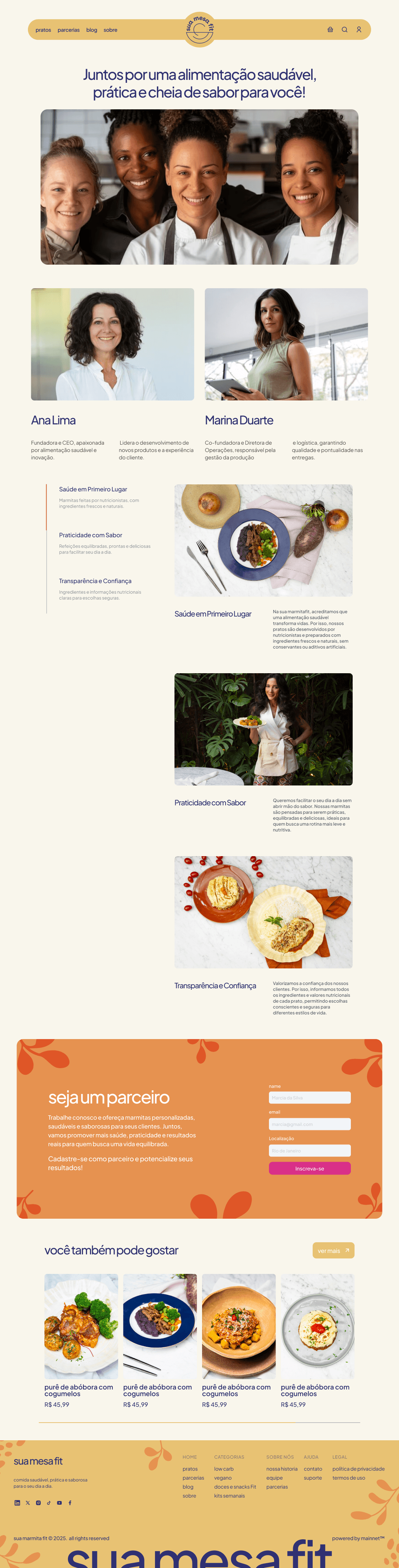 Sua Mesa Fit about page with team and brand story